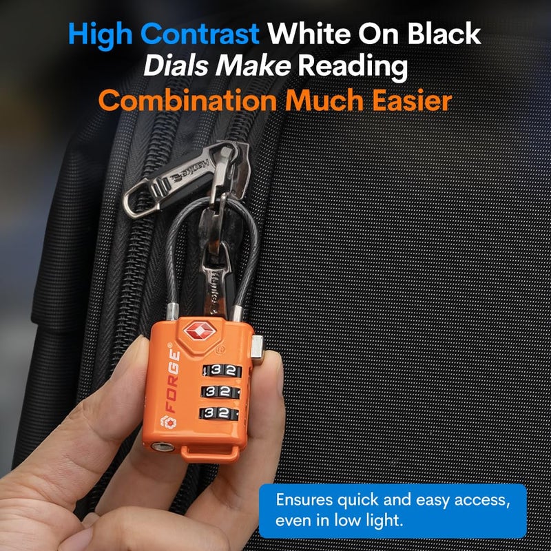 Forge TSA Approved Cable Luggage Locks, Re-settable Combination with Alloy Body, Orange 2 Locks. - Image 5